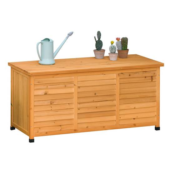 ComfortXL - Coffre de rangement jardin bois de sapin 127 x 56 x 60 cm jaune extérieur multifonction assise et établi - Image 2