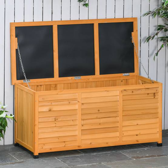 ComfortXL - Coffre de rangement jardin bois de sapin 127 x 56 x 60 cm jaune extérieur multifonction assise et établi - Image 1
