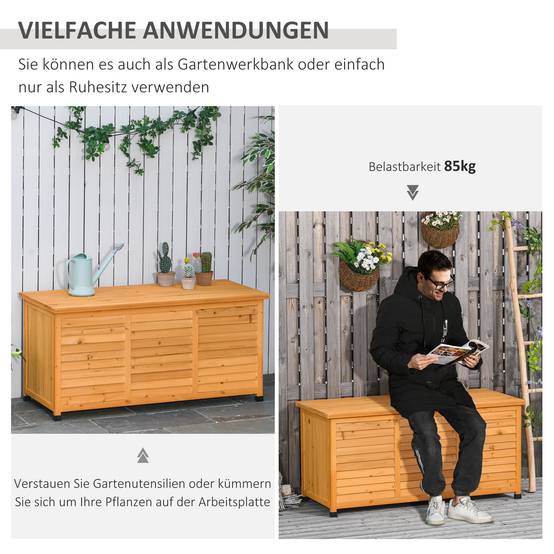 ComfortXL - Coffre de rangement jardin bois de sapin 127 x 56 x 60 cm jaune extérieur multifonction assise et établi - Image 5