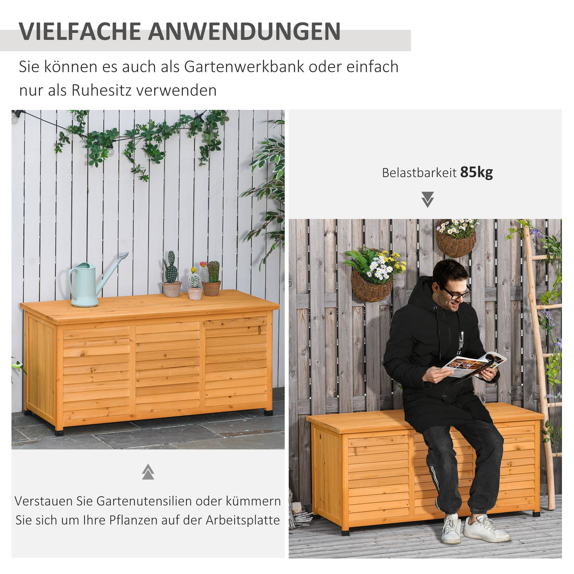 ComfortXL - Coffre de rangement jardin bois de sapin 127 x 56 x 60 cm jaune extérieur multifonction assise et établi - Image 5
