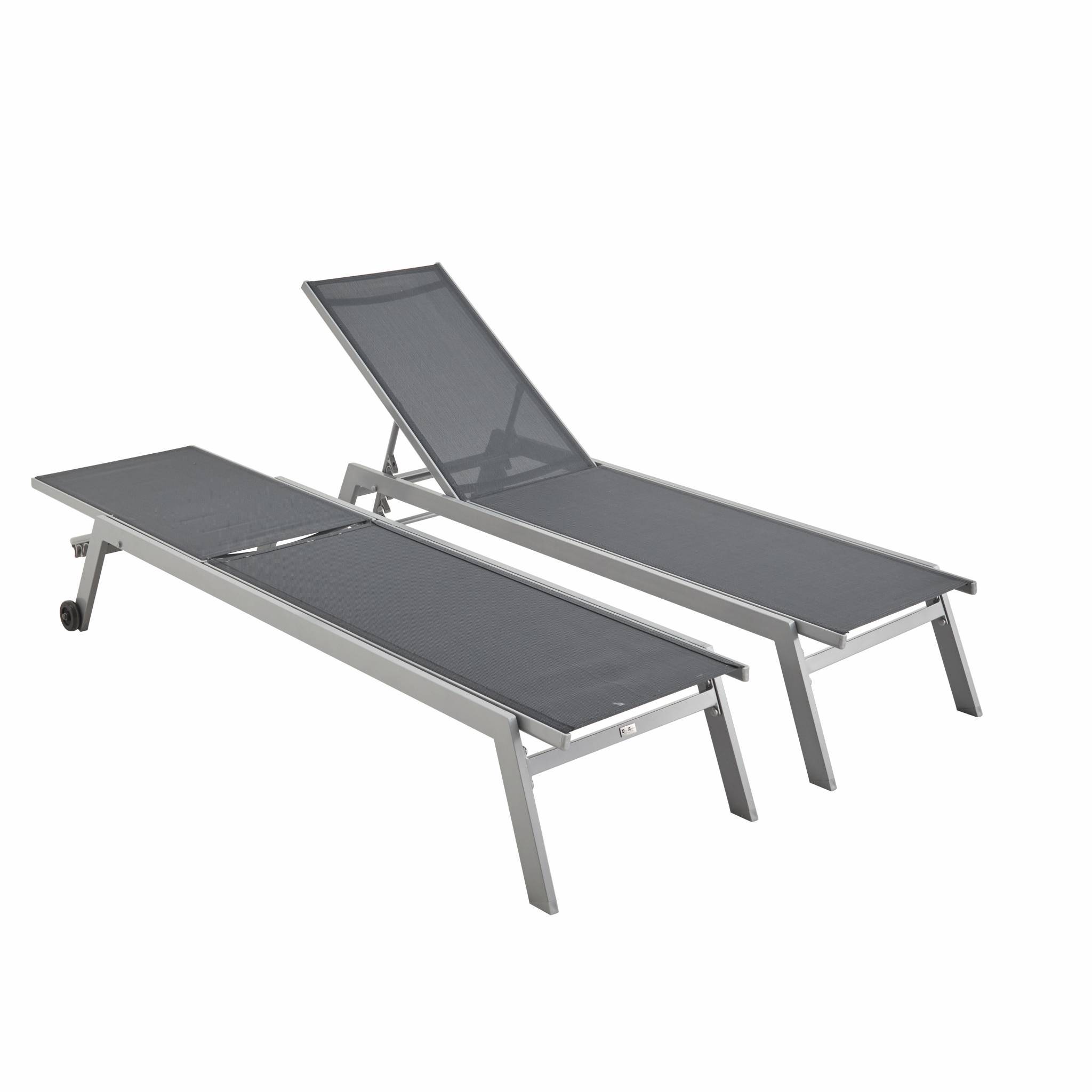 Lot de 2 bains de soleil ELSA en aluminium gris et textilène gris foncé. transats multi positions avec roulettes | sweeek - Image 2