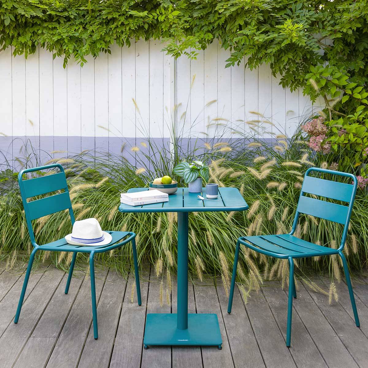Hesperide - Table de jardin carrée "Phuket" bleu canard 2 places en acier traité époxy Hespéride - Image 1