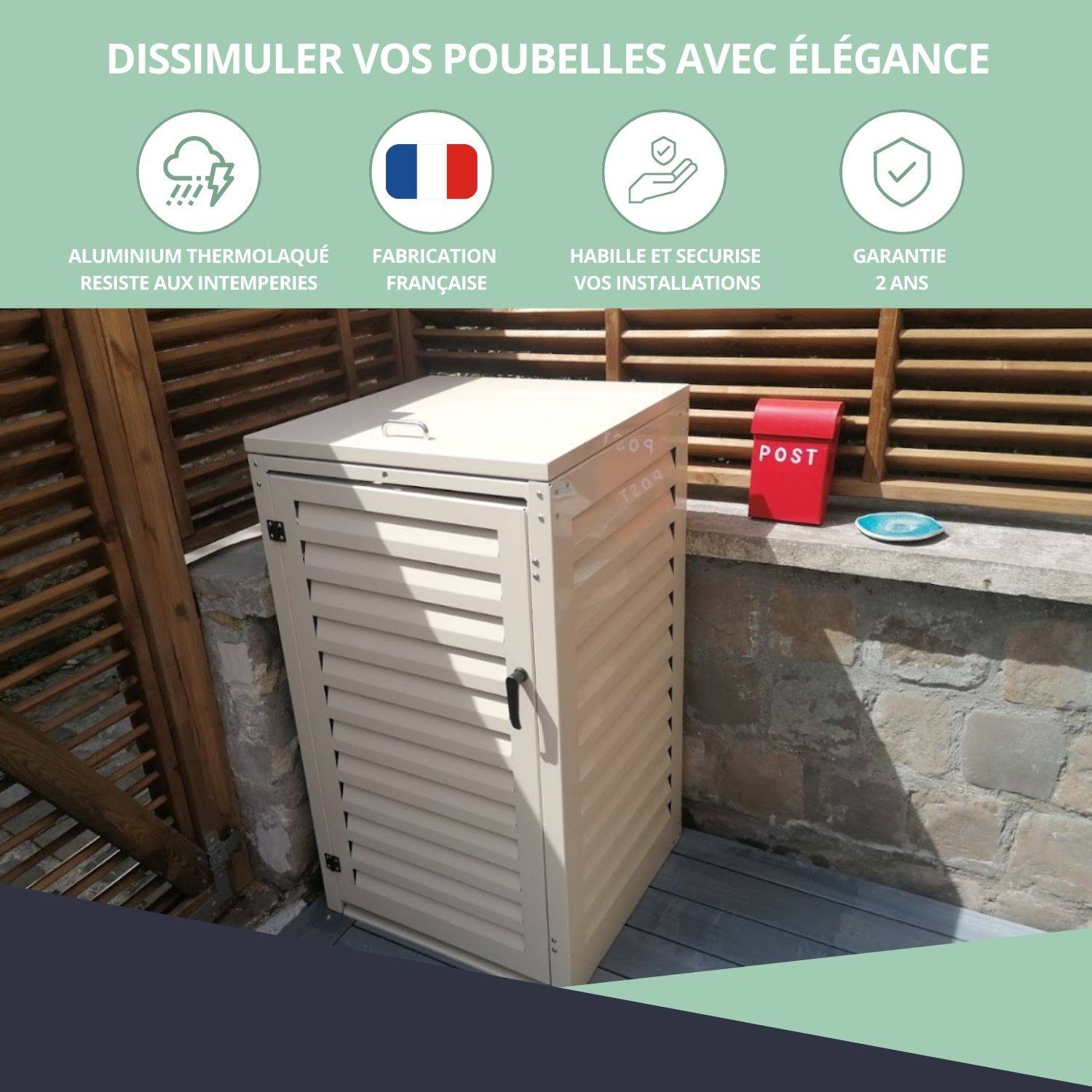Cache Poubelle Extérieur Simple en Aluminium thermolaqué - Abri pour 1 conteneur 360 Litres – Crème RAL 1015 - Image 7