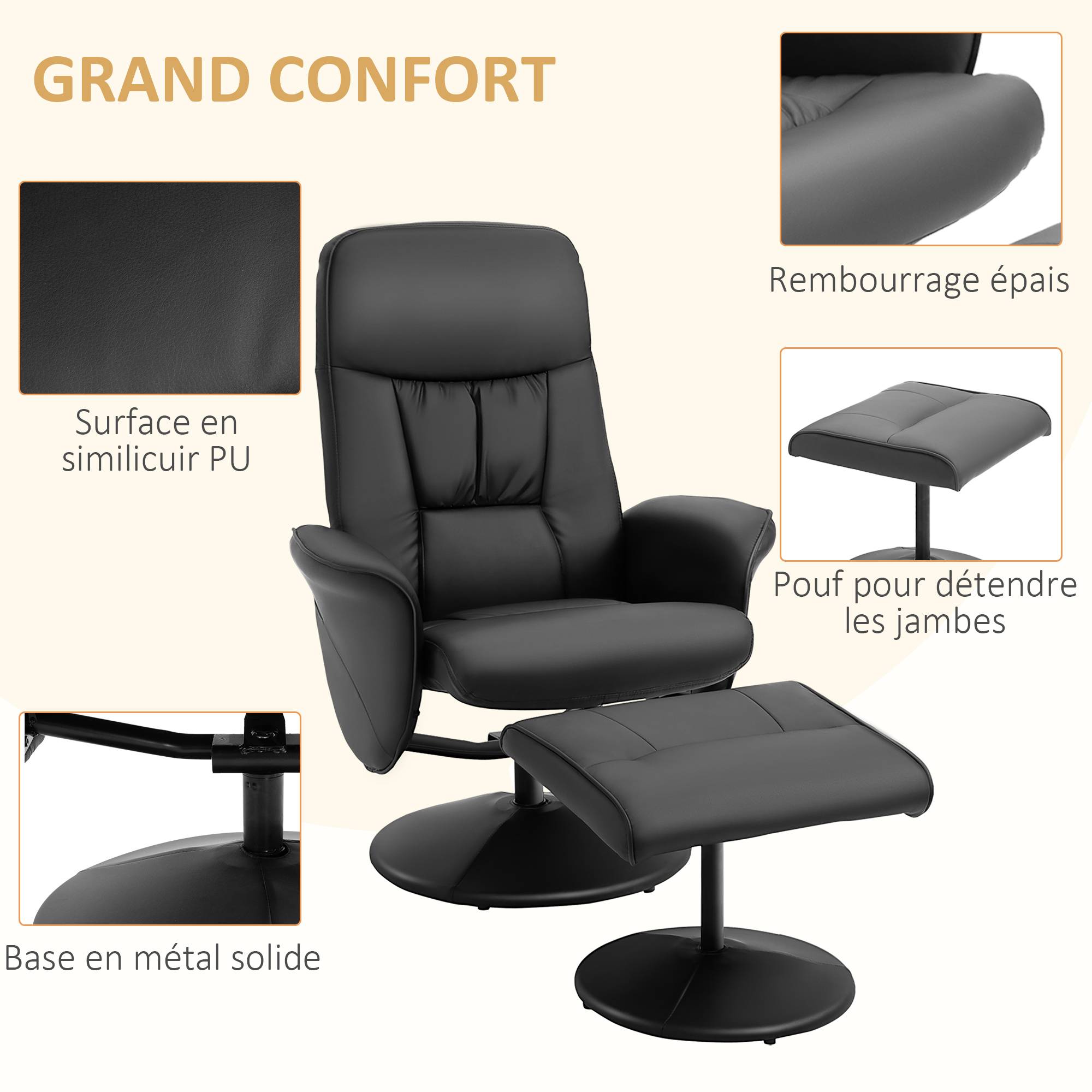 Sans Marque - Fauteuil relax avec repose-pied fauteuil de relaxation relaxant pivotant 360° et dossier inclinable pour TV - Image 8