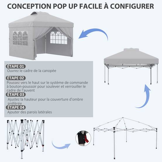 ComfortXL - Tonnelle Pliante Pop-Up Tissu Oxford Événements Extérieurs Hauteur Réglable 3x3m Gris Clair - ComfortXL Outdoor Living - Image 6