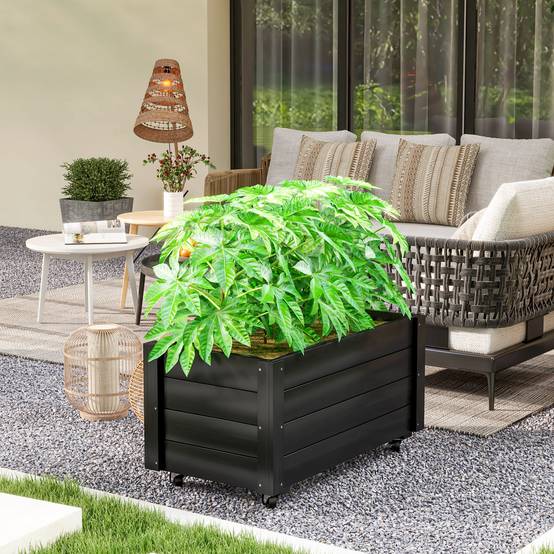 Jardinière sur roulettes bois sapin extérieur drainage inclus 89x48x47cm noir - ComfortXL Outdoor Living - Image 4