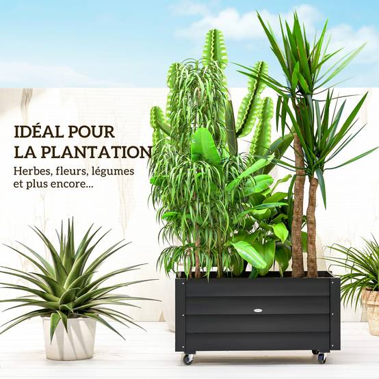 Jardinière sur roulettes bois sapin extérieur drainage inclus 89x48x47cm noir - ComfortXL Outdoor Living - Image 6