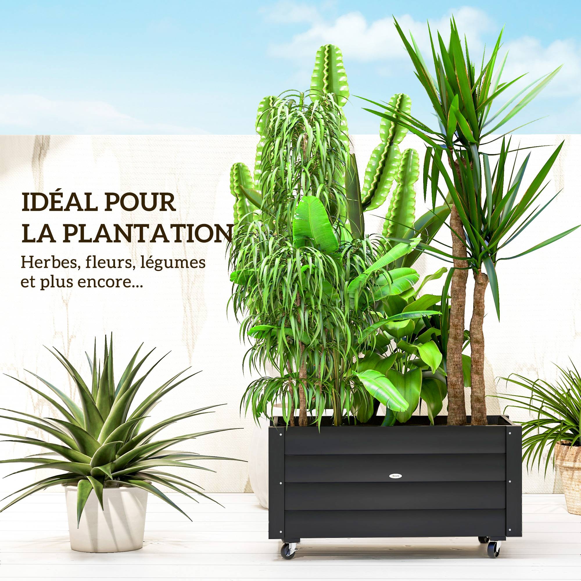 Jardinière sur roulettes bois sapin extérieur drainage inclus 89x48x47cm noir - ComfortXL Outdoor Living - Image 6