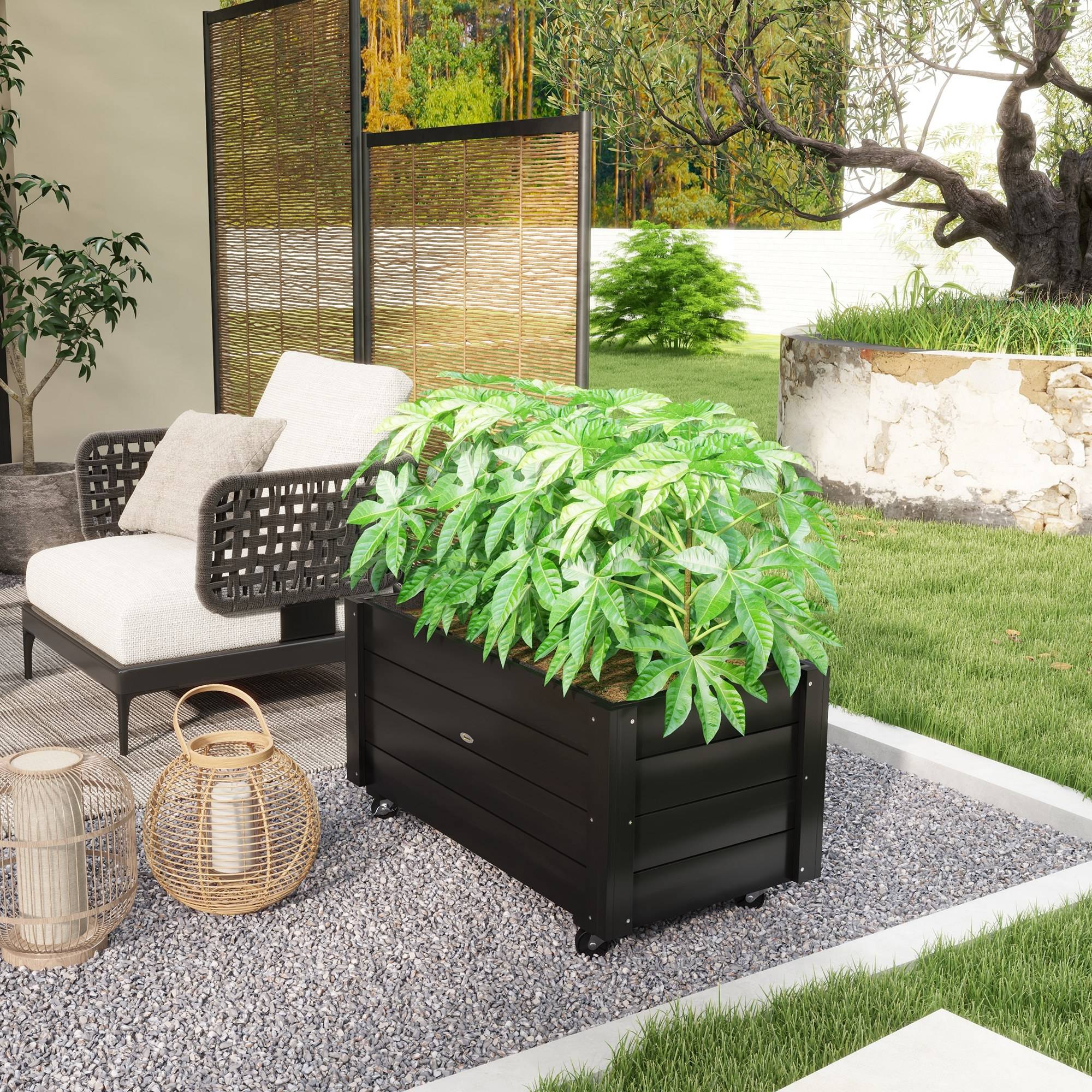 Jardinière sur roulettes bois sapin extérieur drainage inclus 89x48x47cm noir - ComfortXL Outdoor Living - Image 10