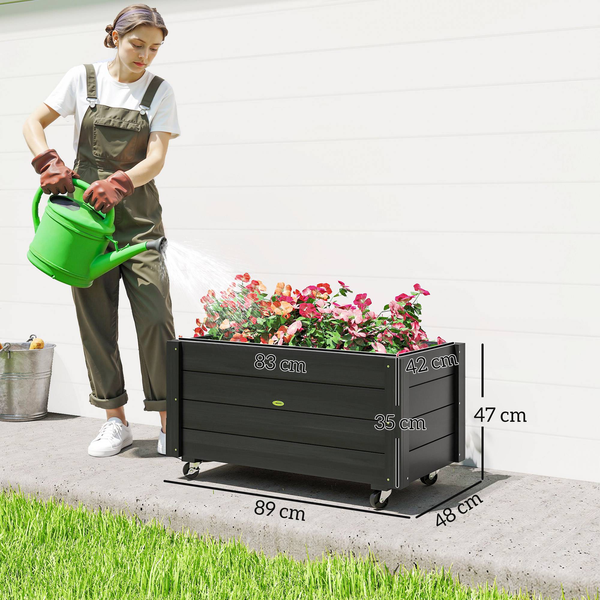 Jardinière sur roulettes bois sapin extérieur drainage inclus 89x48x47cm noir - ComfortXL Outdoor Living - Image 5