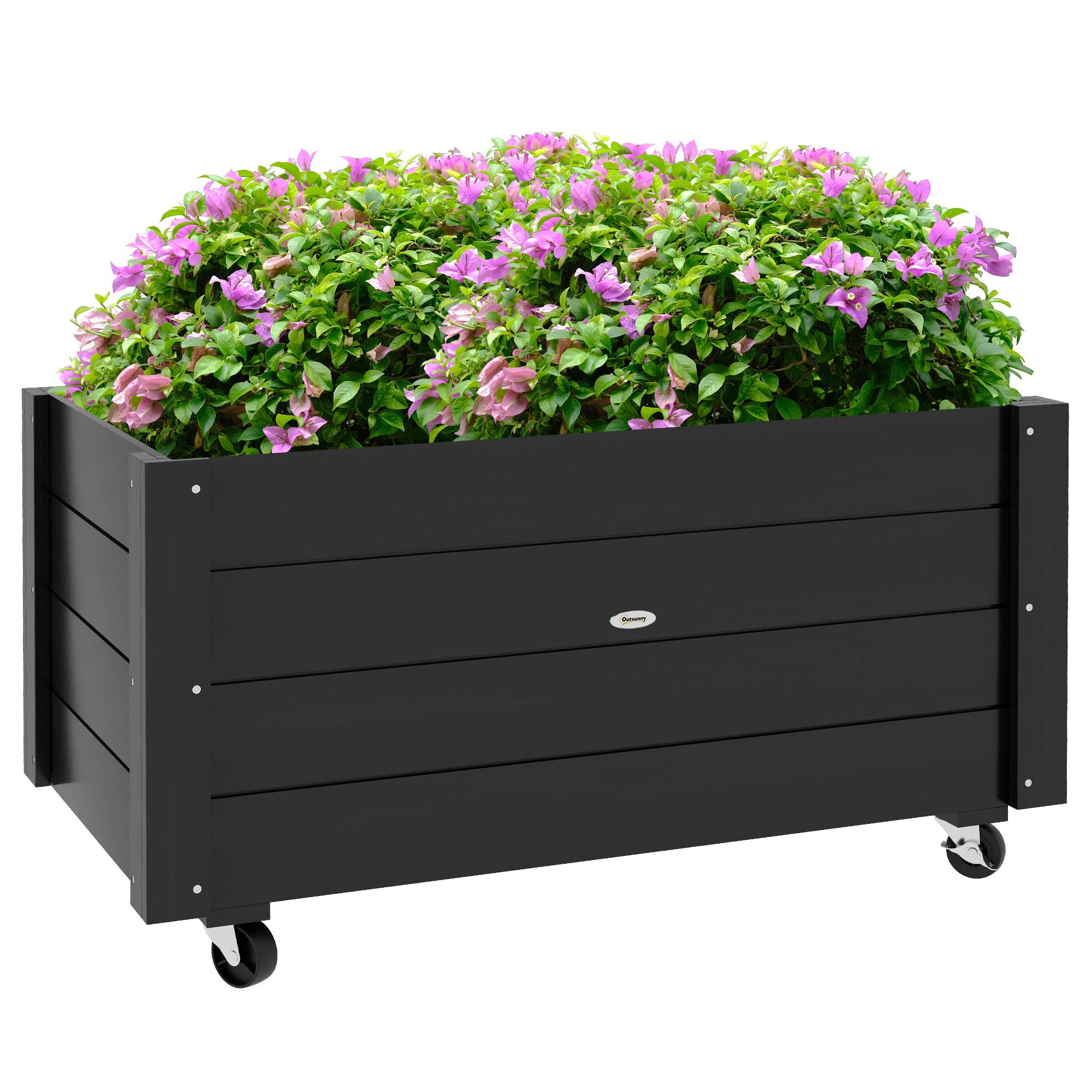 Jardinière sur roulettes bois sapin extérieur drainage inclus 89x48x47cm noir - ComfortXL Outdoor Living - Image 1