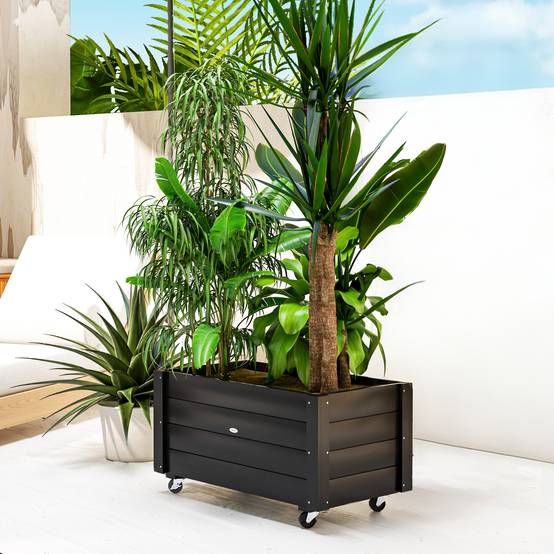 Jardinière sur roulettes bois sapin extérieur drainage inclus 89x48x47cm noir - ComfortXL Outdoor Living - Image 3