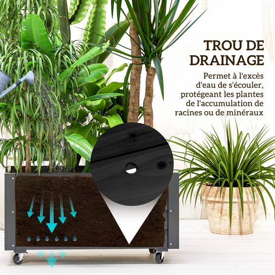Jardinière sur roulettes bois sapin extérieur drainage inclus 89x48x47cm noir - ComfortXL Outdoor Living - Image 8