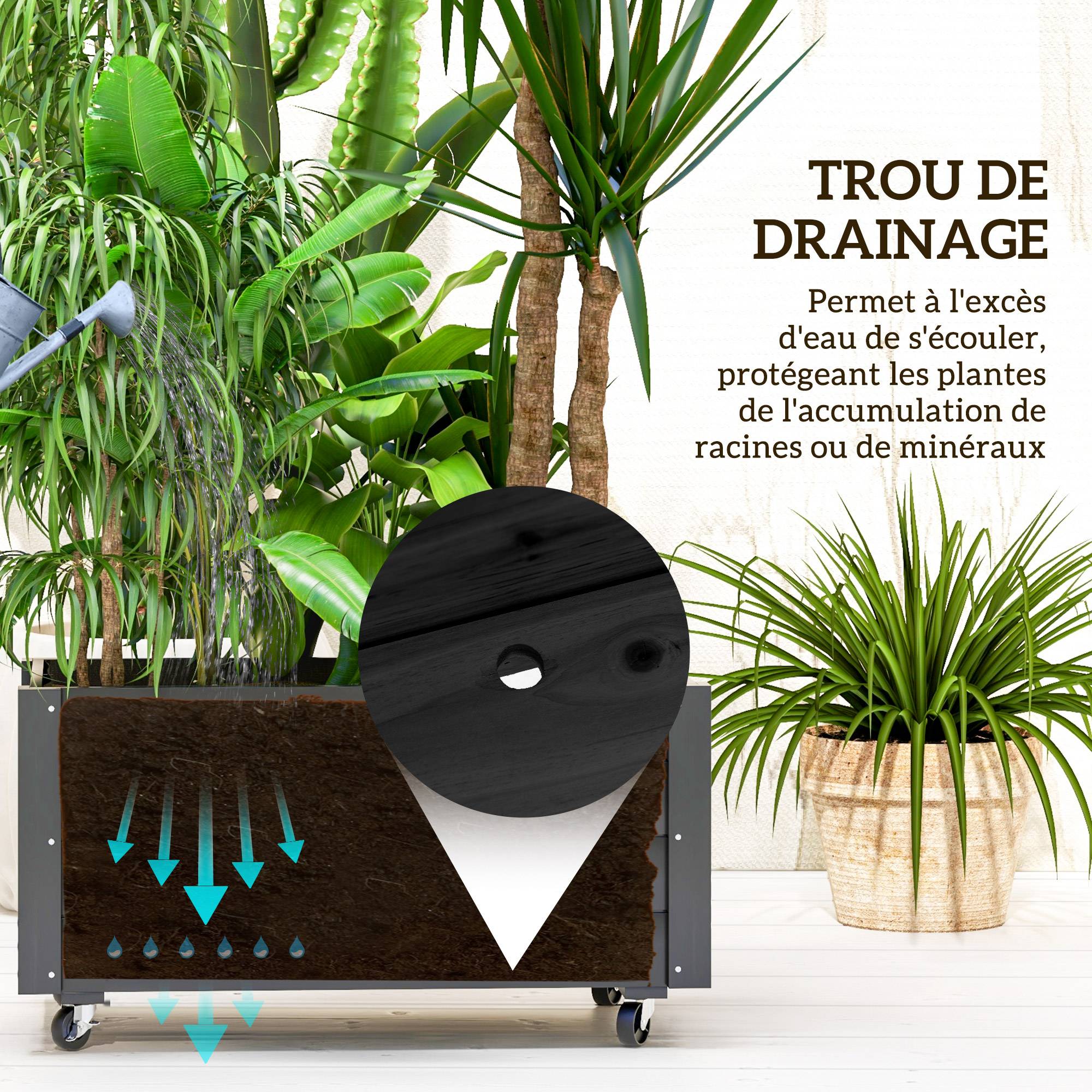 Jardinière sur roulettes bois sapin extérieur drainage inclus 89x48x47cm noir - ComfortXL Outdoor Living - Image 8