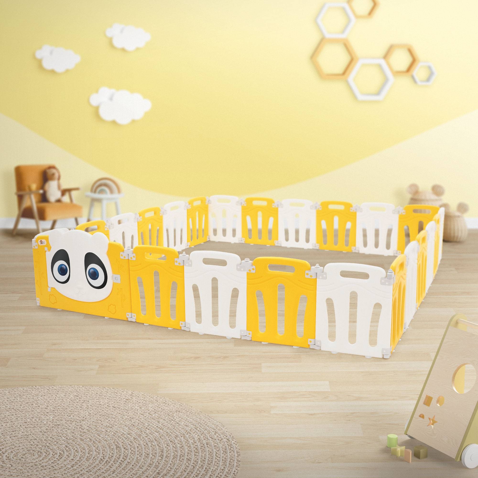 Parc bébé 960 cm 240x240 cm blanc-jeune avec 23 panneaux en plastique HDPE design Panda coins arrondis et surfaces lisses barrière extérieure sécurité - Image 8