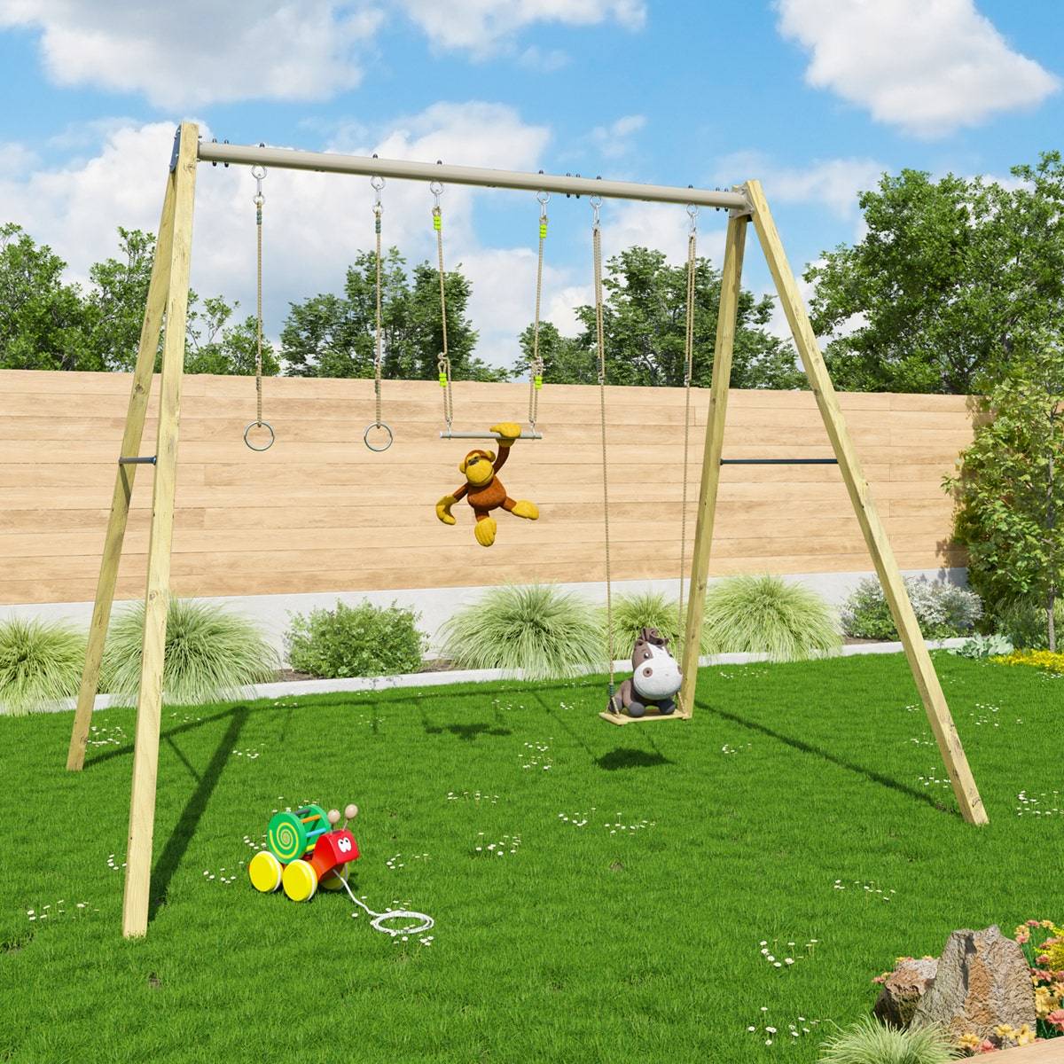 Balançoire en bois poutre métal 3 m Adulte SKYLER - 3 personnes - Image 2