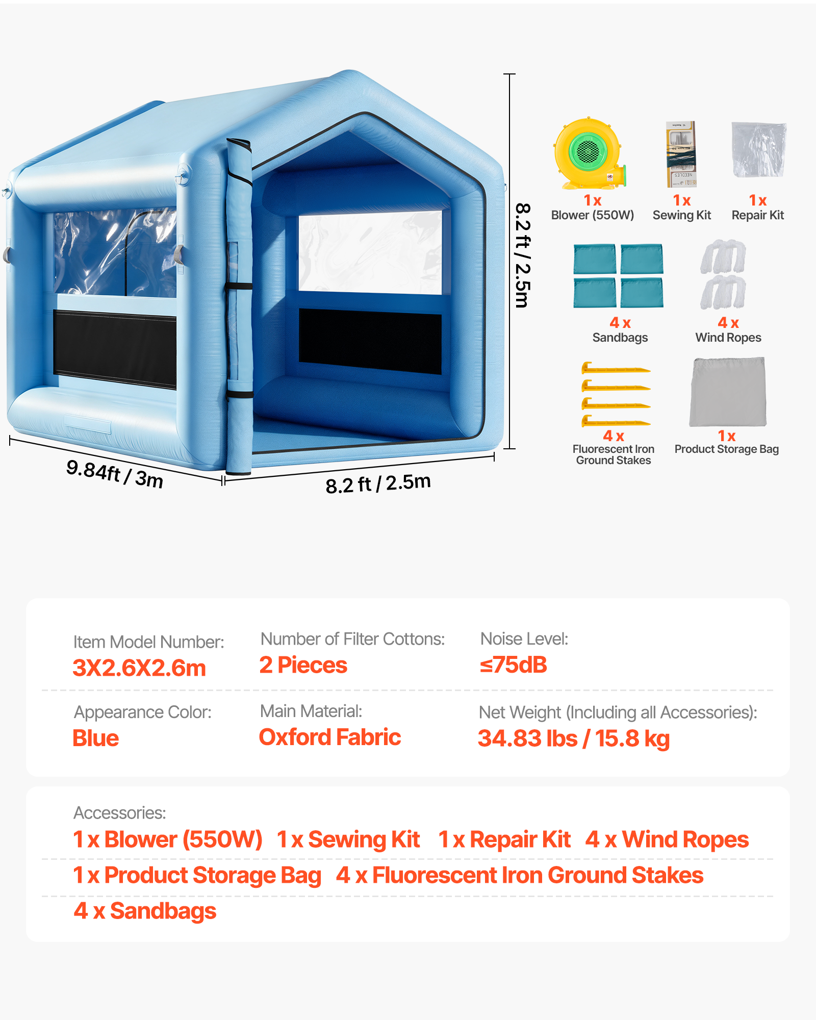 Vevor - VEVOR Cabine de peinture gonflable 3 x 2,5 m, souffleur 550 W, filtration haute performance - Image 6