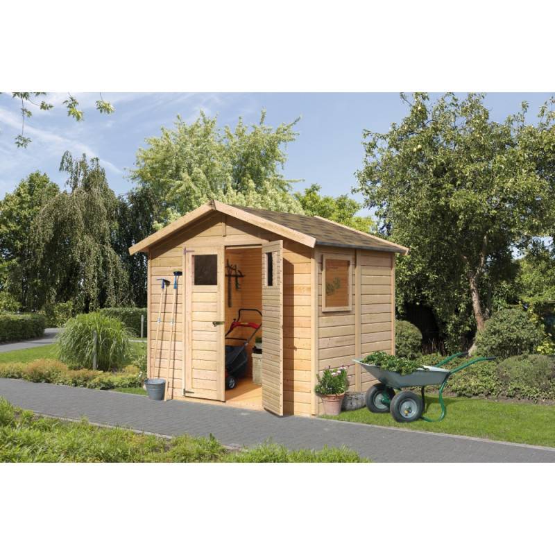 Abri de jardin 4,41m² bois massif 14mm fenêtre latérale Karibu marron avec embase traitée - Image 5