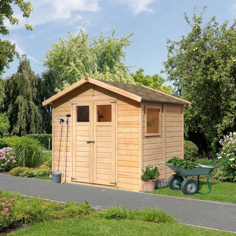 Abri de jardin 4,41m² bois massif 14mm fenêtre latérale Karibu marron avec embase traitée - Image 1