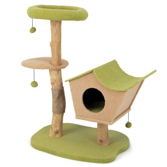 Helloshop26 - Arbre à chat de 110 cm tour à chat en bois perchoir supérieur rembourré condo pour chatcentre d'activité pour chat balles pendantes vert - Image 1