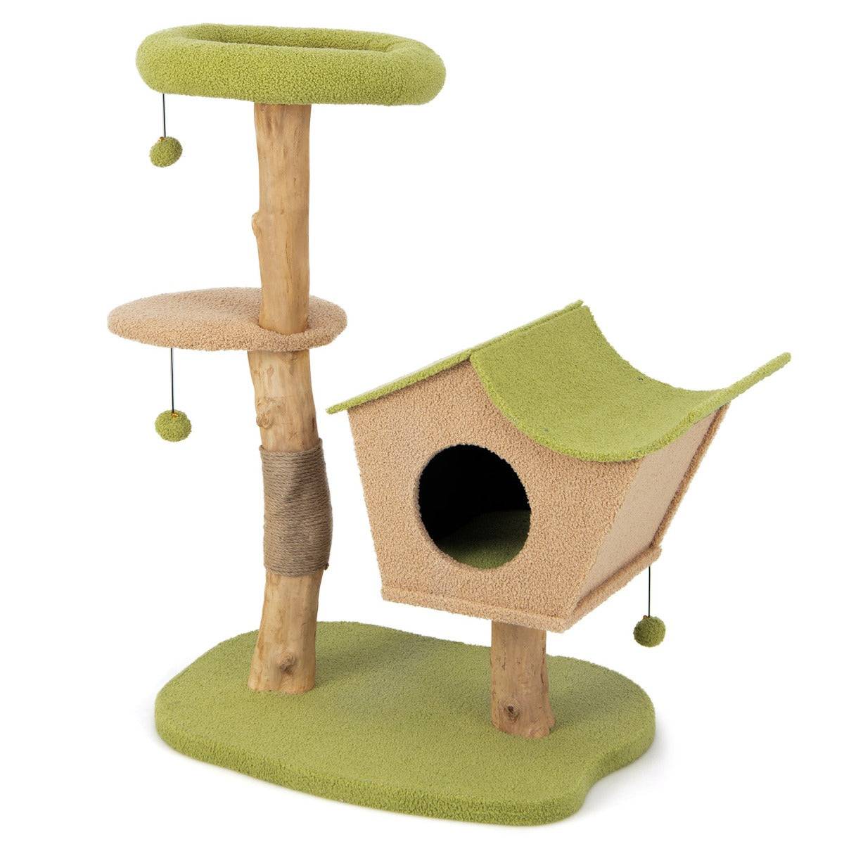 Helloshop26 - Arbre à chat de 110 cm tour à chat en bois perchoir supérieur rembourré condo pour chatcentre d'activité pour chat balles pendantes vert - Image 1