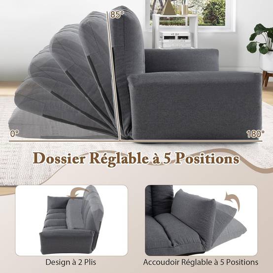 Canapé au Sol Pliable et Inclinable, Siège Rembourré avec Dossier et Accoudoirs Réglables à 5 Positions, Canapé Convertible, Gris - Image 6