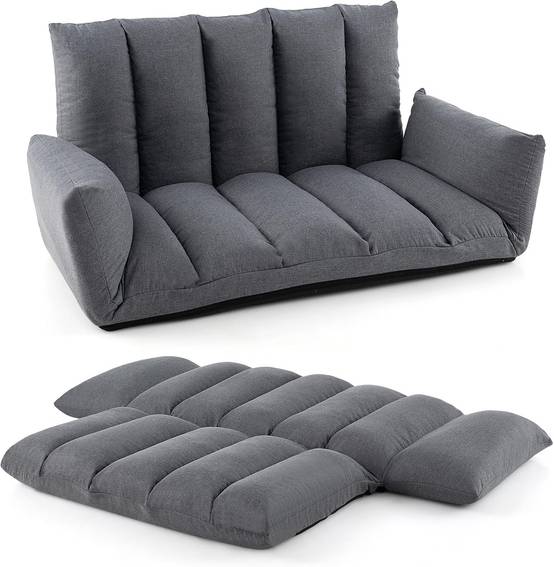 Canapé au Sol Pliable et Inclinable, Siège Rembourré avec Dossier et Accoudoirs Réglables à 5 Positions, Canapé Convertible, Gris - Image 1