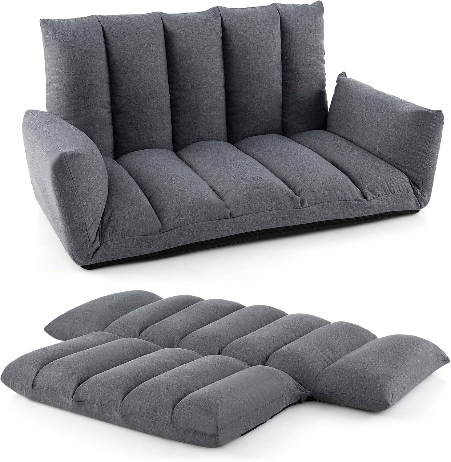 Canapé au Sol Pliable et Inclinable, Siège Rembourré avec Dossier et Accoudoirs Réglables à 5 Positions, Canapé Convertible, Gris - Image 1