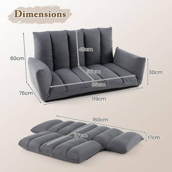 Canapé au Sol Pliable et Inclinable, Siège Rembourré avec Dossier et Accoudoirs Réglables à 5 Positions, Canapé Convertible, Gris - Image 2