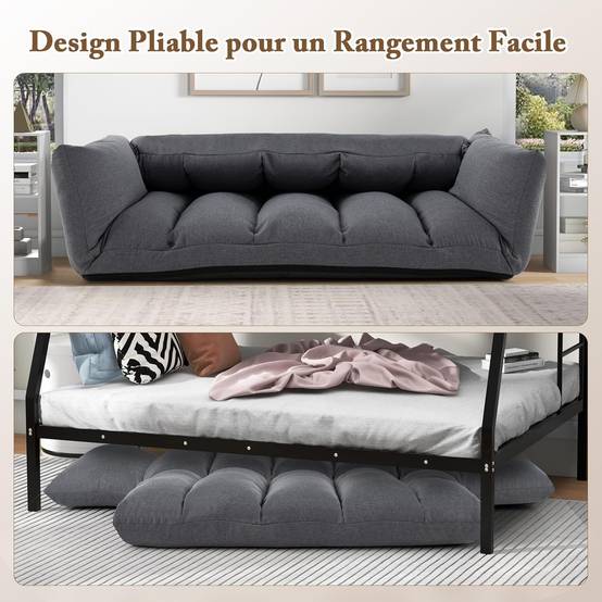 Canapé au Sol Pliable et Inclinable, Siège Rembourré avec Dossier et Accoudoirs Réglables à 5 Positions, Canapé Convertible, Gris - Image 7