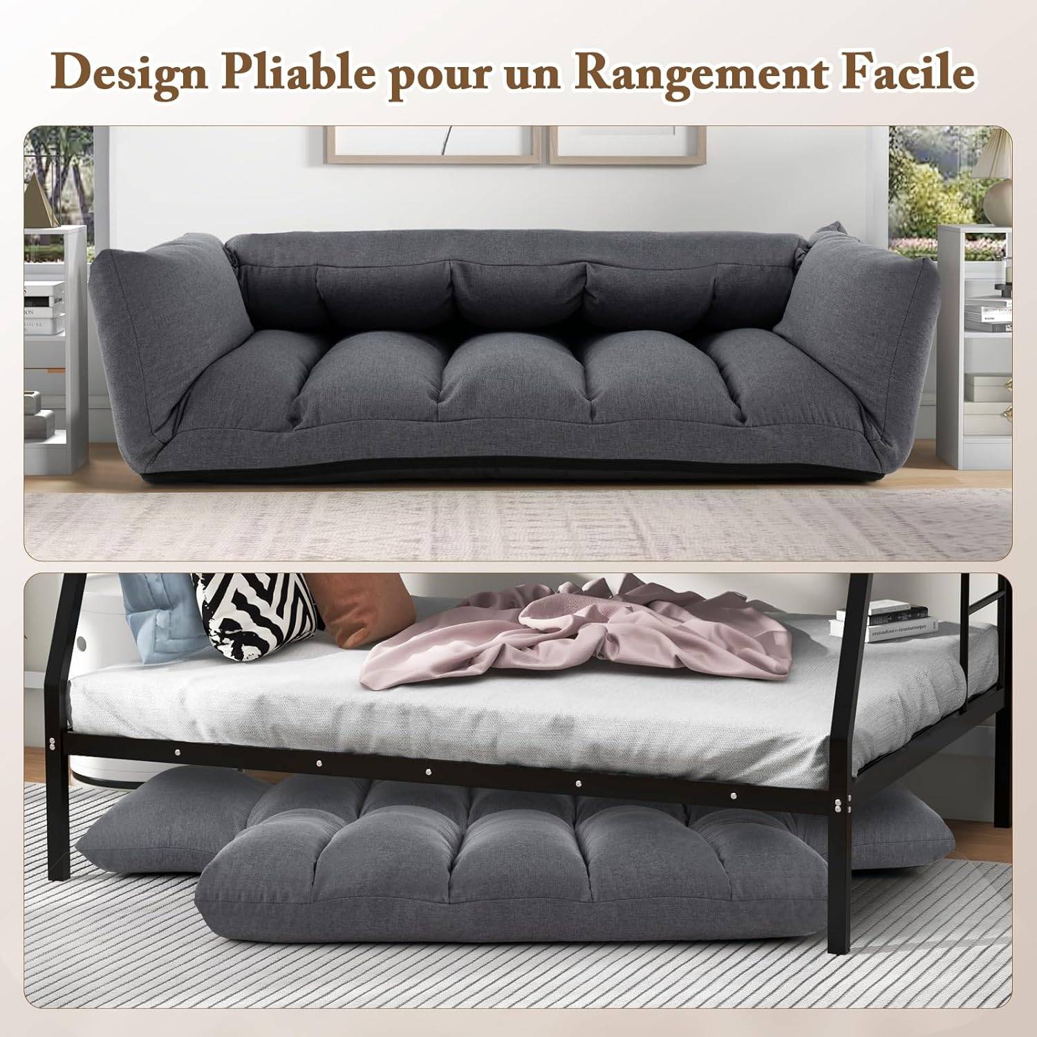 Canapé au Sol Pliable et Inclinable, Siège Rembourré avec Dossier et Accoudoirs Réglables à 5 Positions, Canapé Convertible, Gris - Image 7