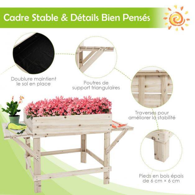 Jardinière sur pieds en bois avec tablettes latérales trous de drainage et doublure idéal pour légumes fleurs herbres - Image 2