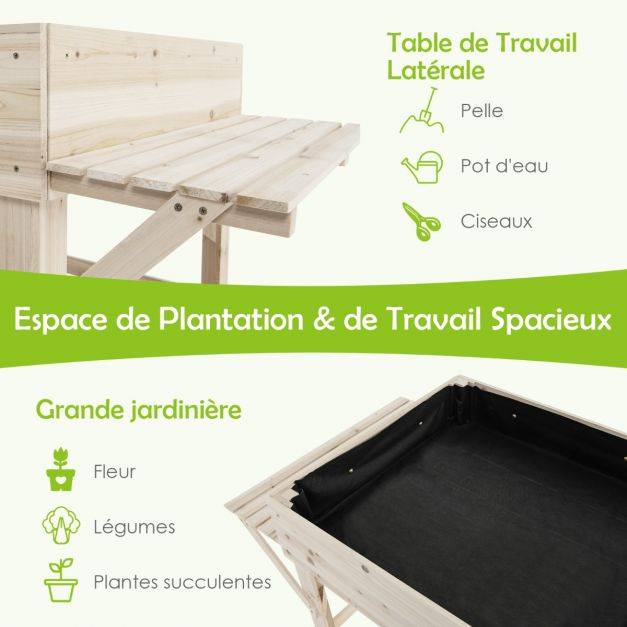 Jardinière sur pieds en bois avec tablettes latérales trous de drainage et doublure idéal pour légumes fleurs herbres - Image 4