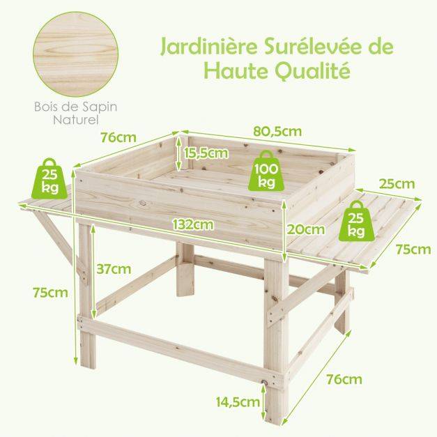 Jardinière sur pieds en bois avec tablettes latérales trous de drainage et doublure idéal pour légumes fleurs herbres - Image 5