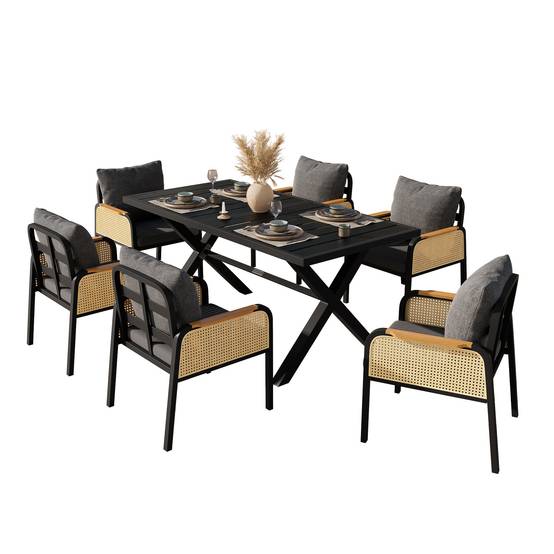 Ensemble Table et Chaise de Jardin avec Table et 6 Chaises Polyester Noir Naturel - Image 1