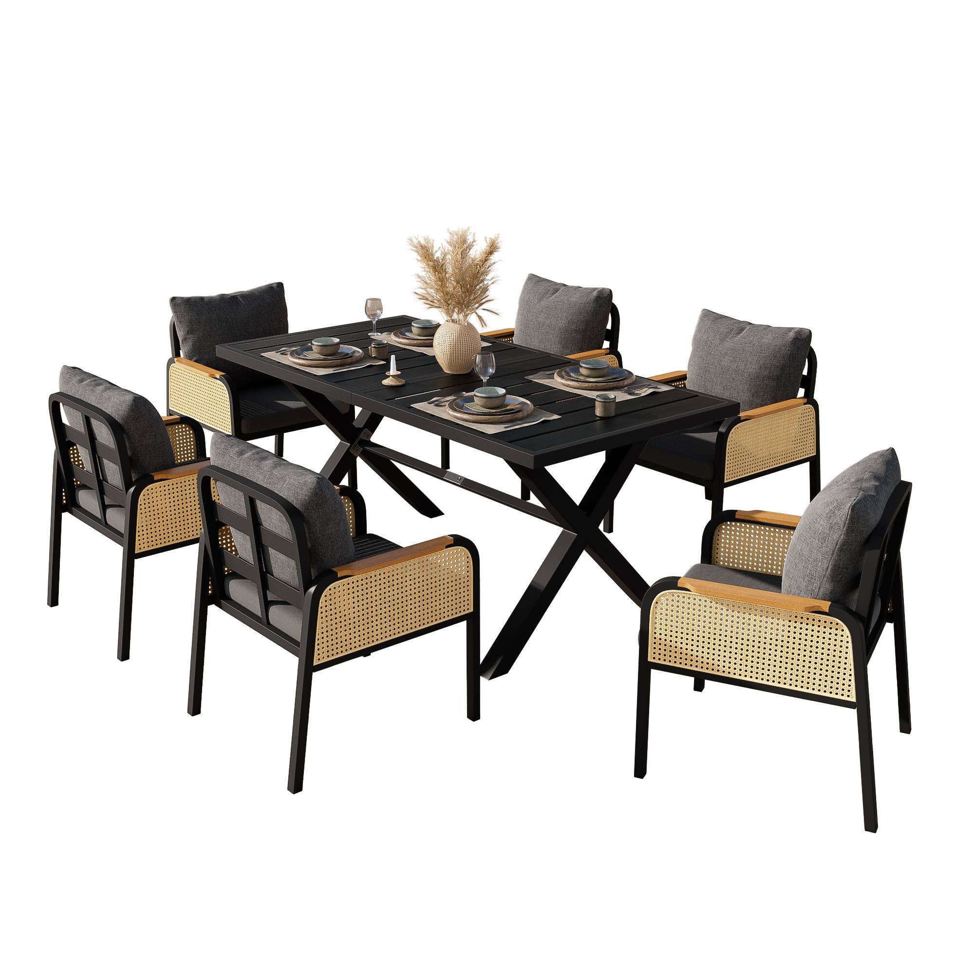 Ensemble Table et Chaise de Jardin avec Table et 6 Chaises Polyester Noir Naturel - Image 1