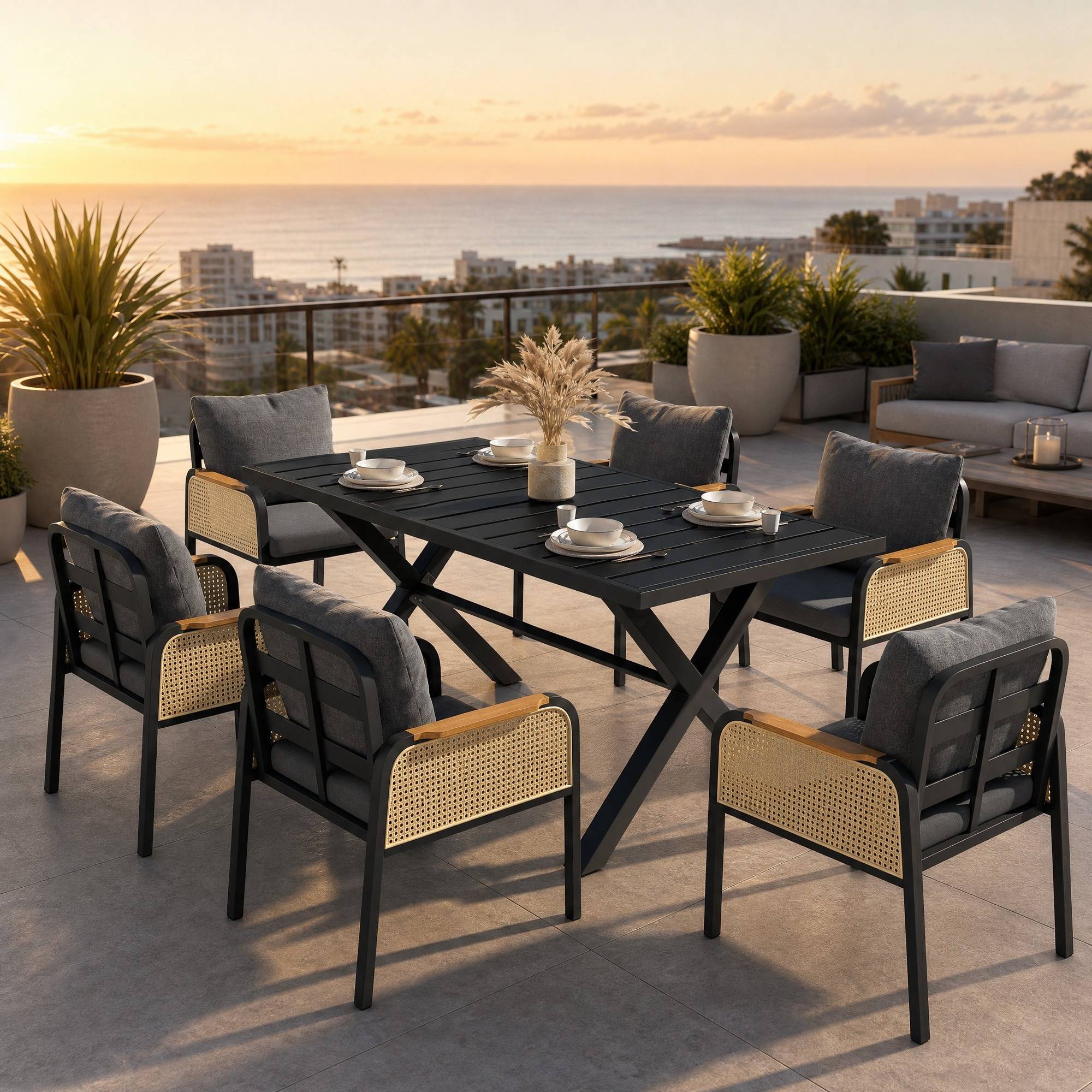 Ensemble Table et Chaise de Jardin avec Table et 6 Chaises Polyester Noir Naturel - Image 3
