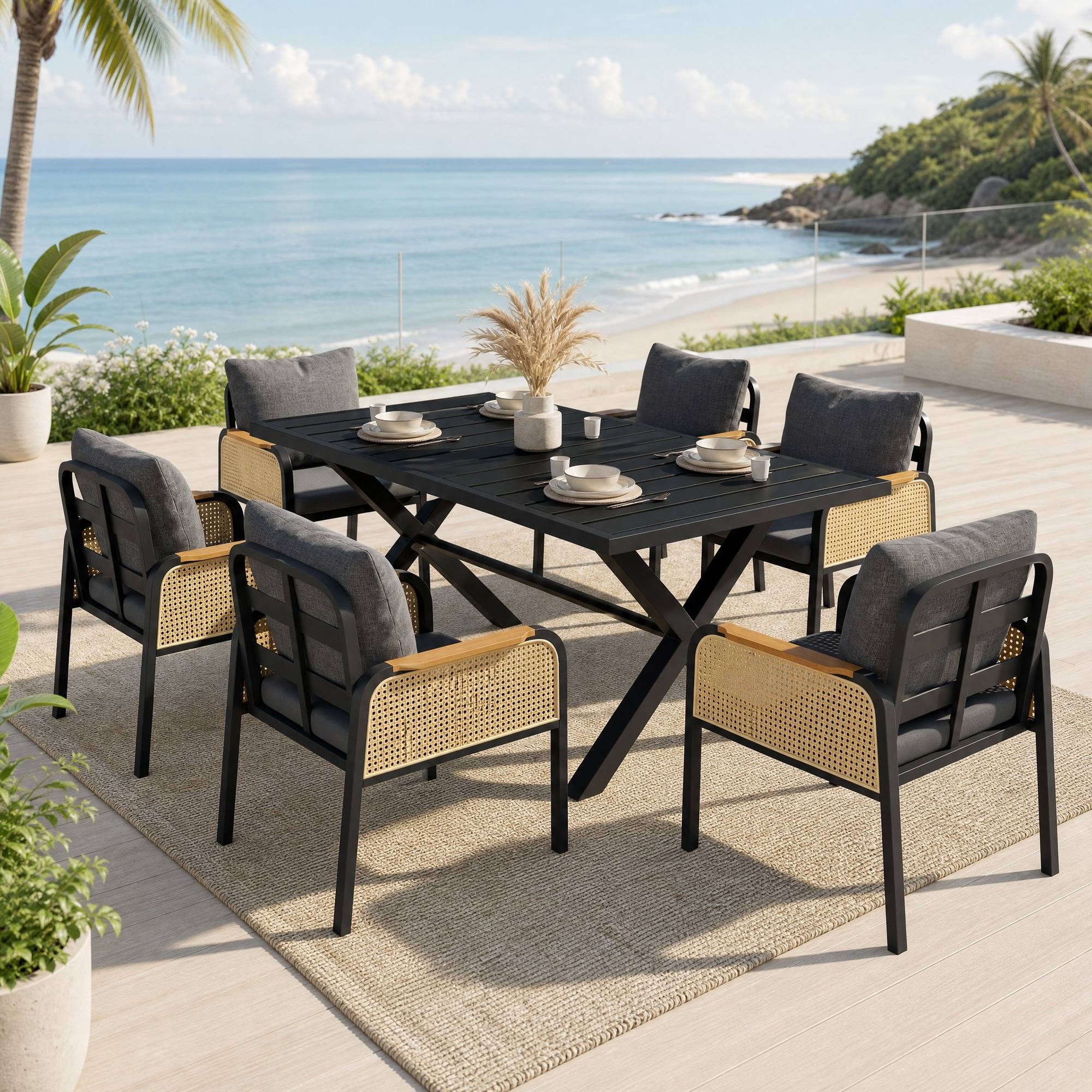 Ensemble Table et Chaise de Jardin avec Table et 6 Chaises Polyester Noir Naturel - Image 4