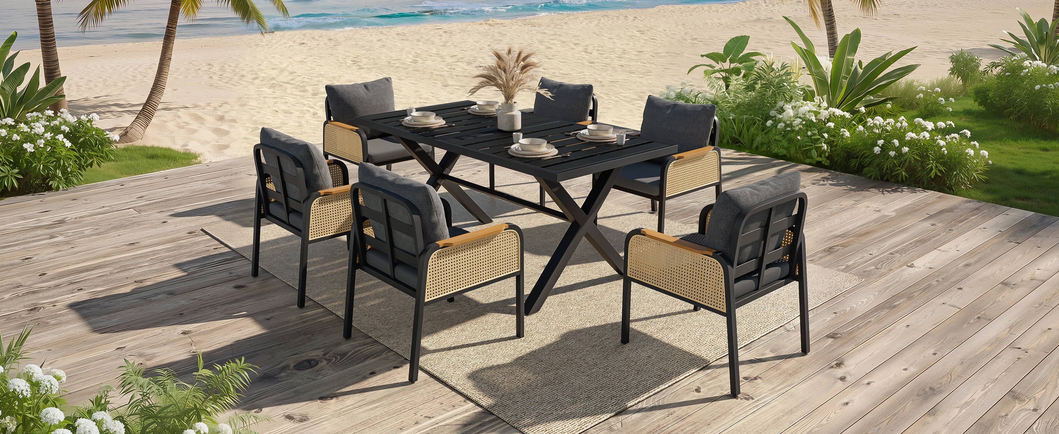 Ensemble Table et Chaise de Jardin avec Table et 6 Chaises Polyester Noir Naturel - Image 10