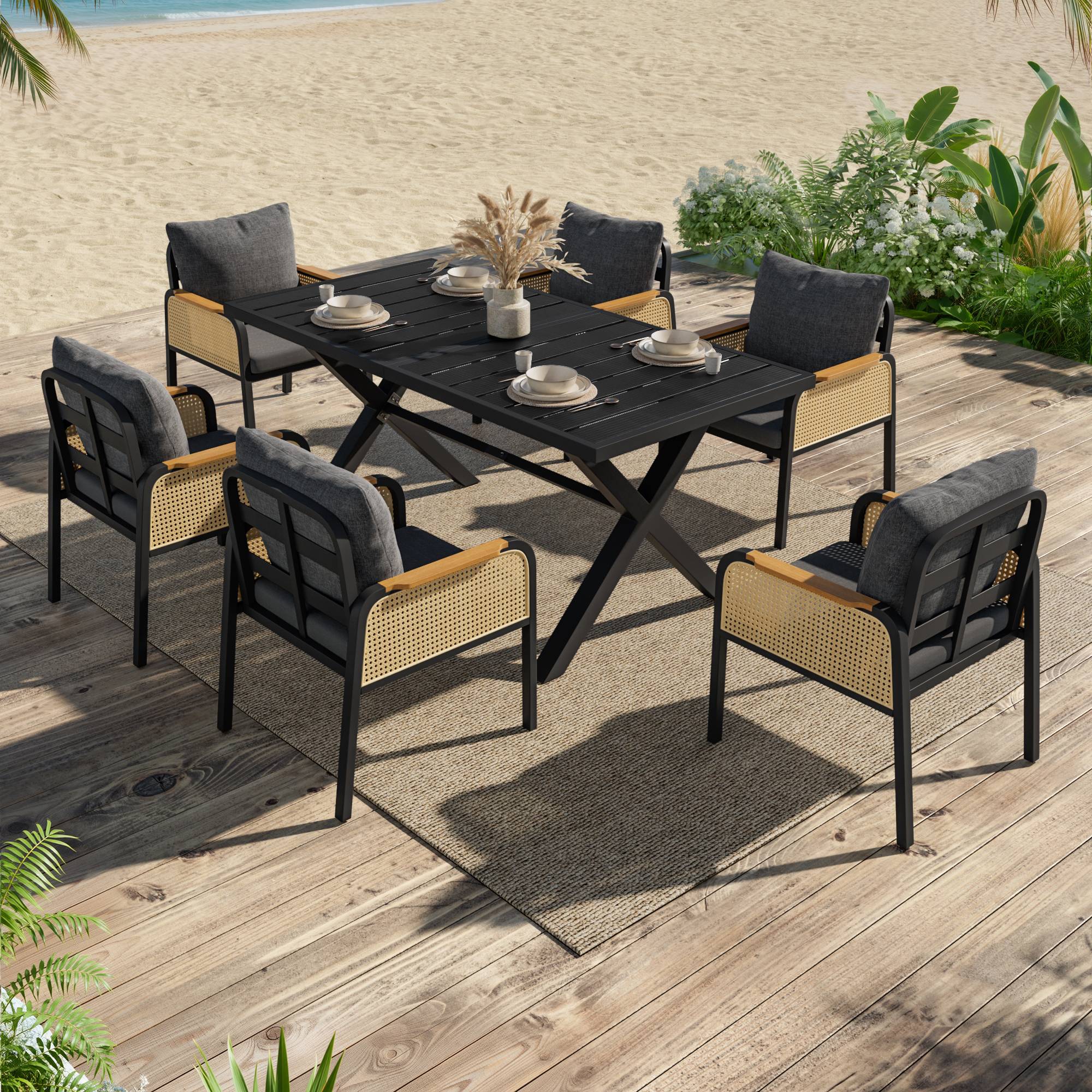 Ensemble Table et Chaise de Jardin avec Table et 6 Chaises Polyester Noir Naturel - Image 2