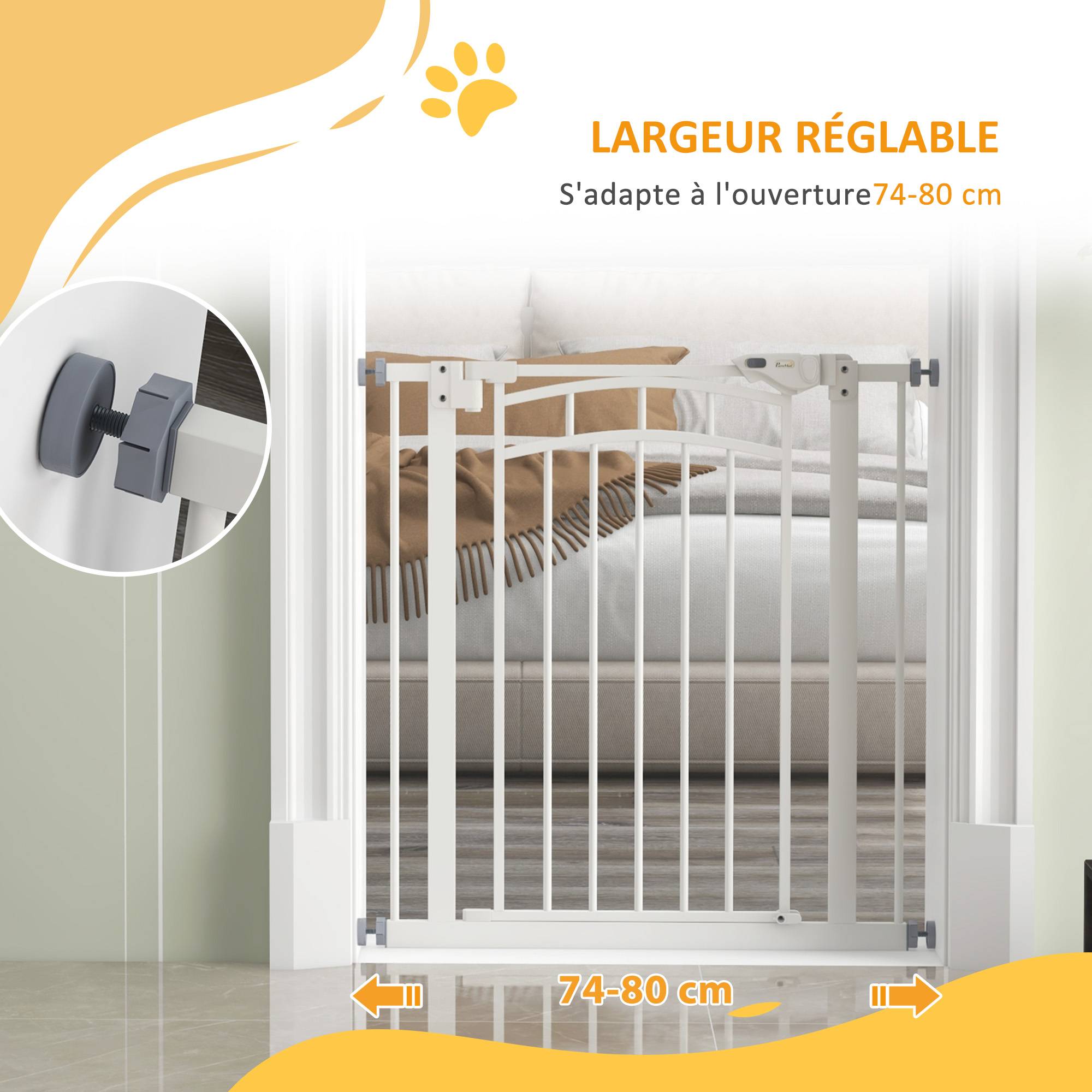 Barrière de sécurité acier pour escaliers fermeture automatique 74-80cm blanc - ComfortXL Outdoor Living - Image 9