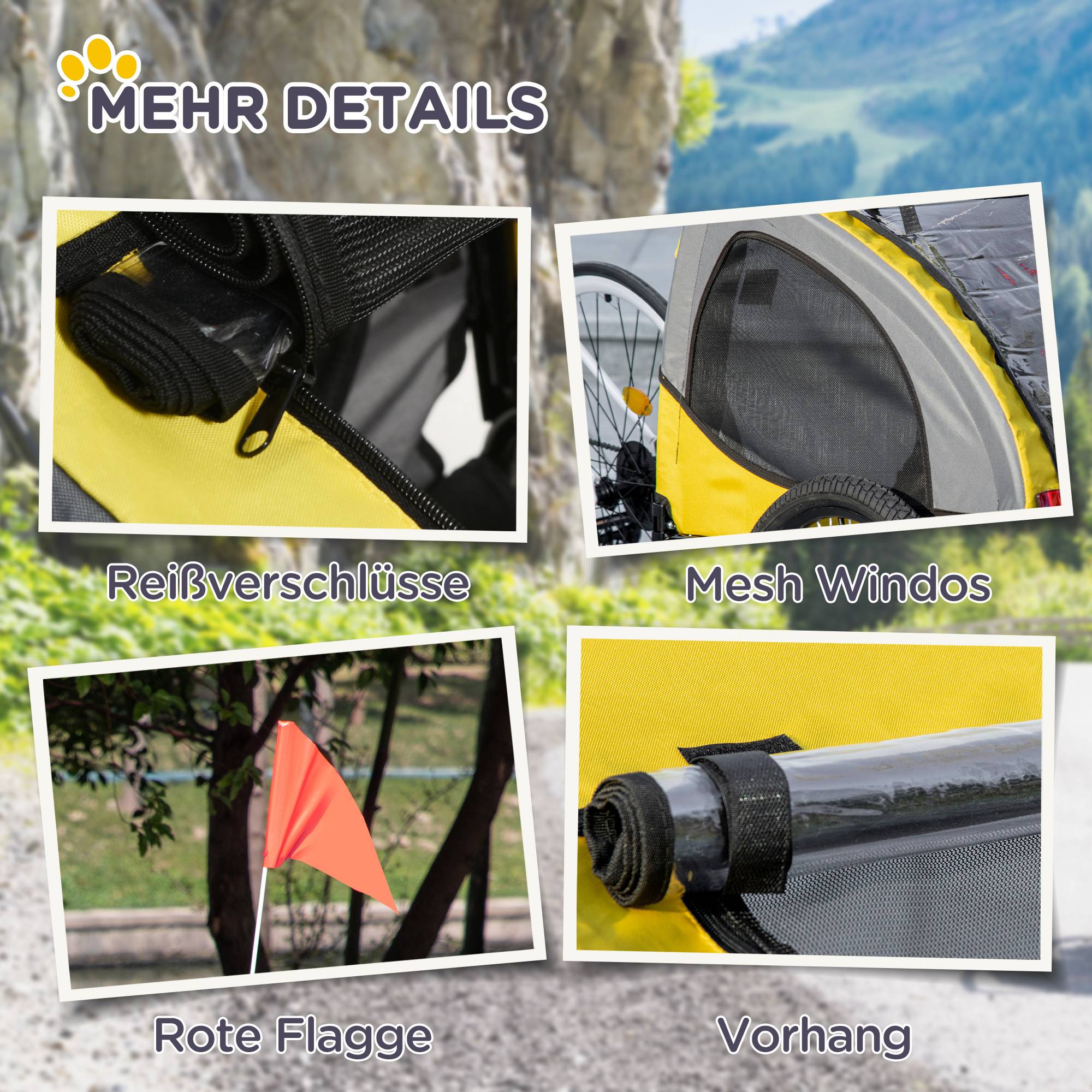 Remorque chien fenêtre filet capote enroulable attelage universel cadre acier jaune 140 x 71 x 83 cm - Image 10
