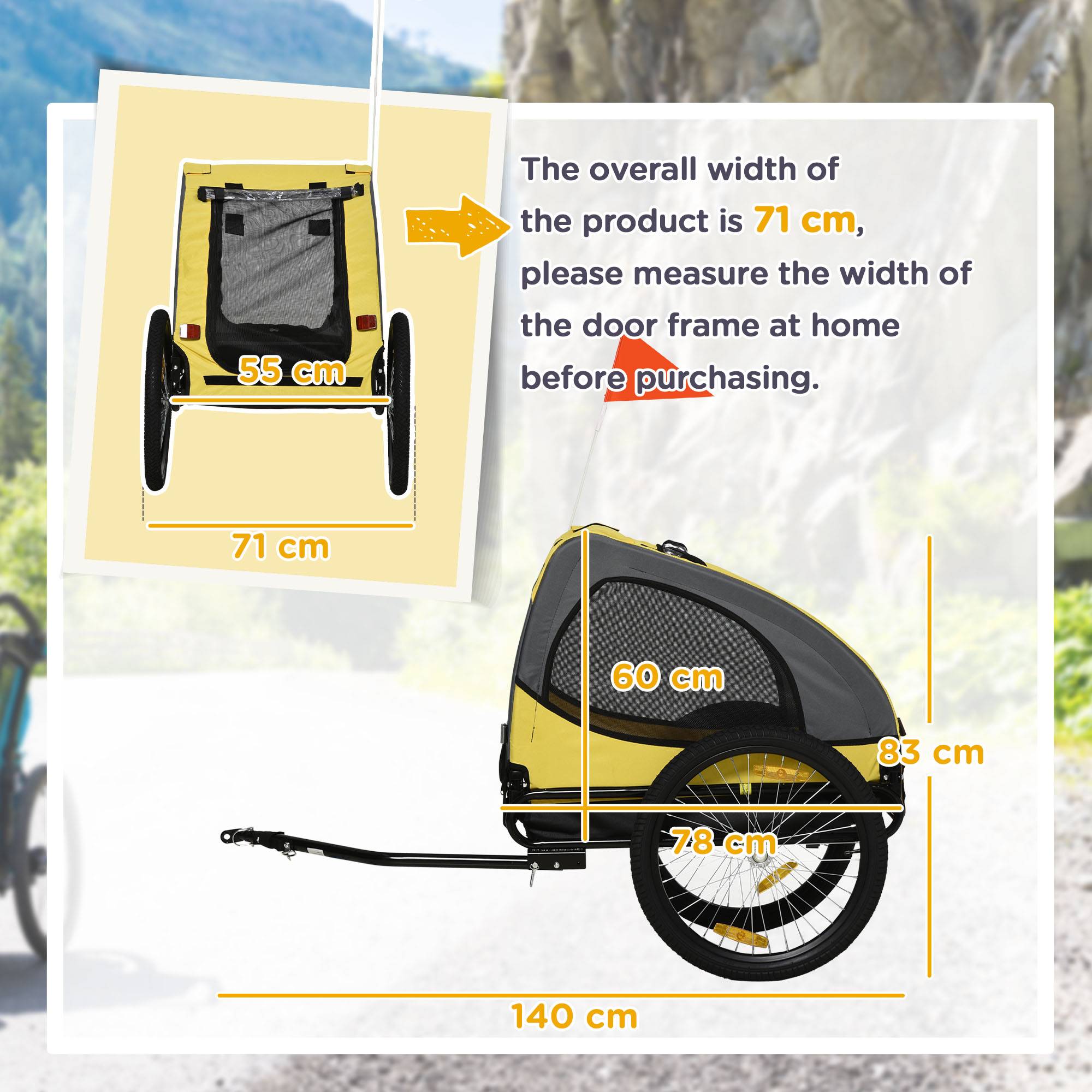 Remorque chien fenêtre filet capote enroulable attelage universel cadre acier jaune 140 x 71 x 83 cm - Image 5