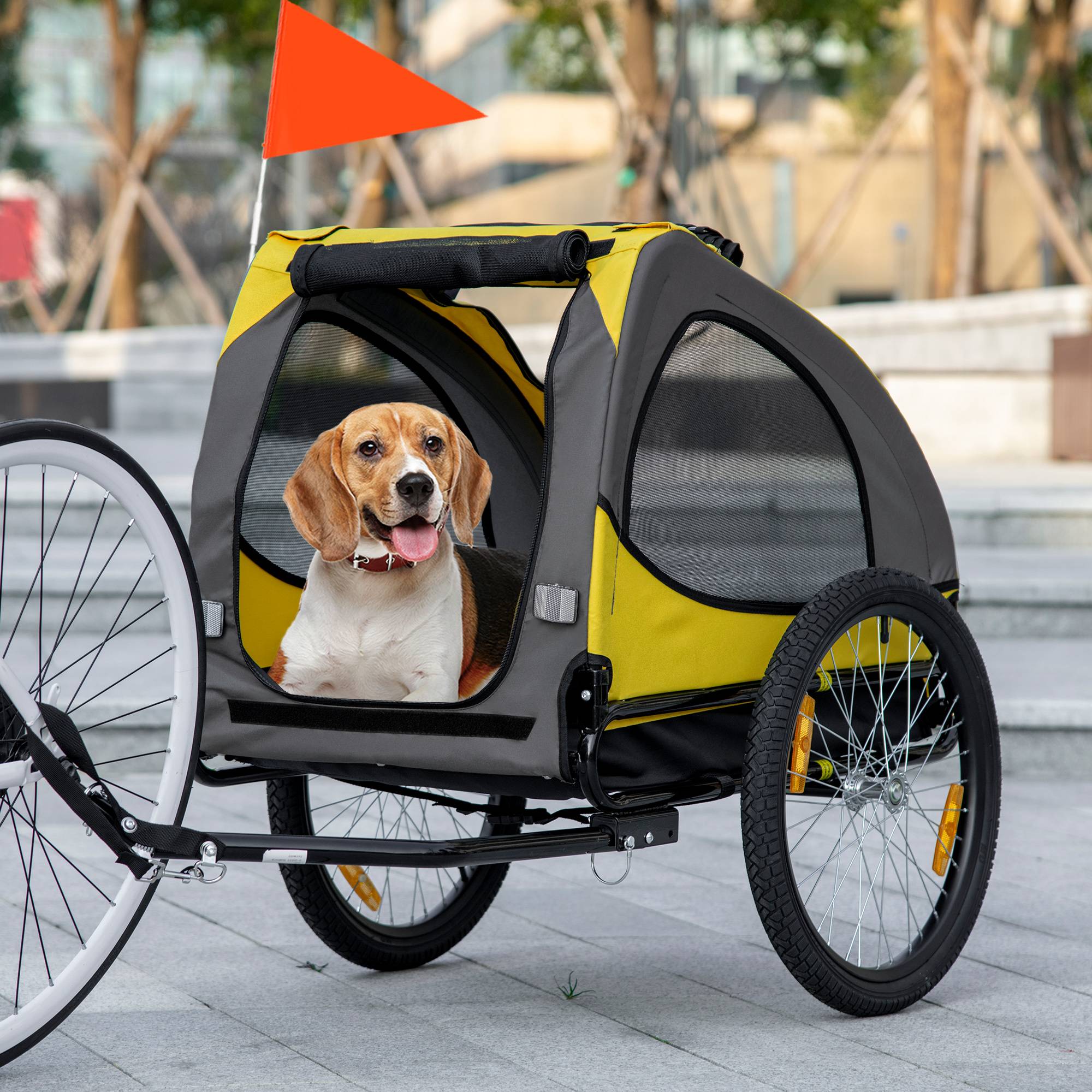 Remorque chien fenêtre filet capote enroulable attelage universel cadre acier jaune 140 x 71 x 83 cm - Image 4