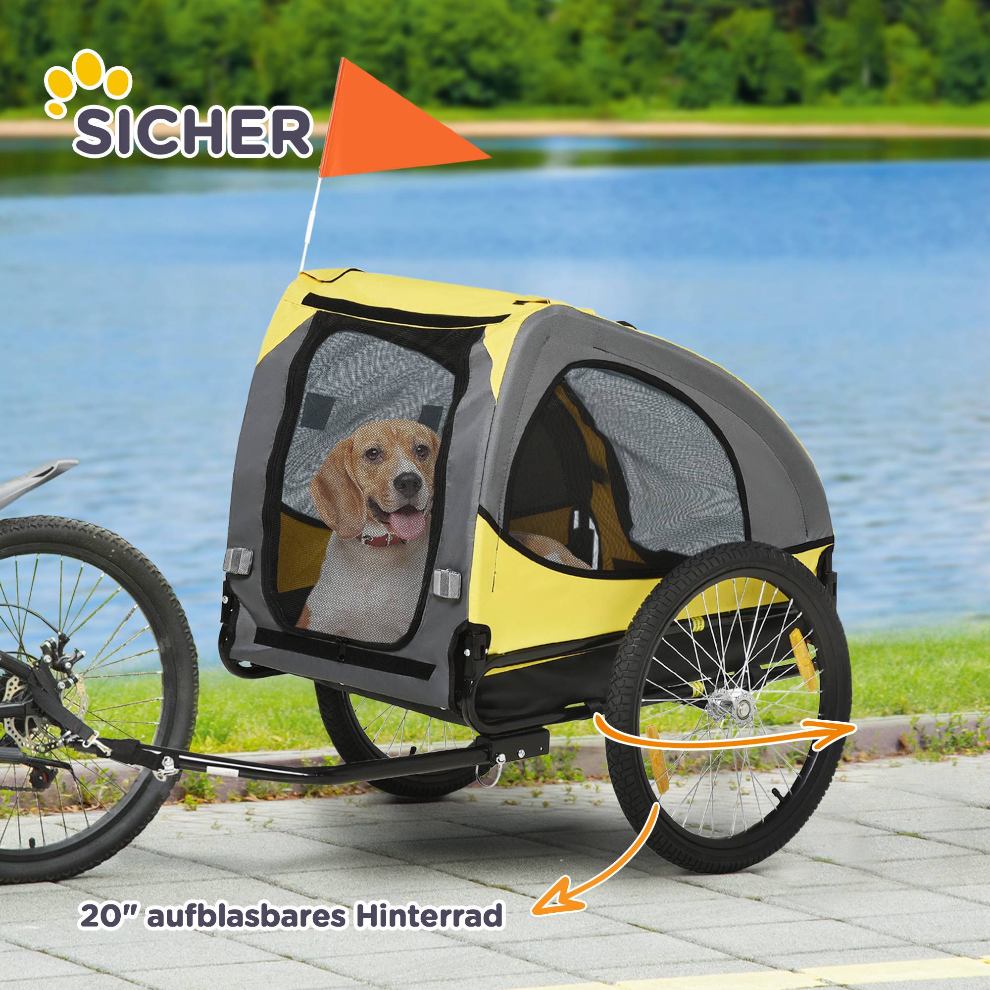 Remorque chien fenêtre filet capote enroulable attelage universel cadre acier jaune 140 x 71 x 83 cm - Image 9