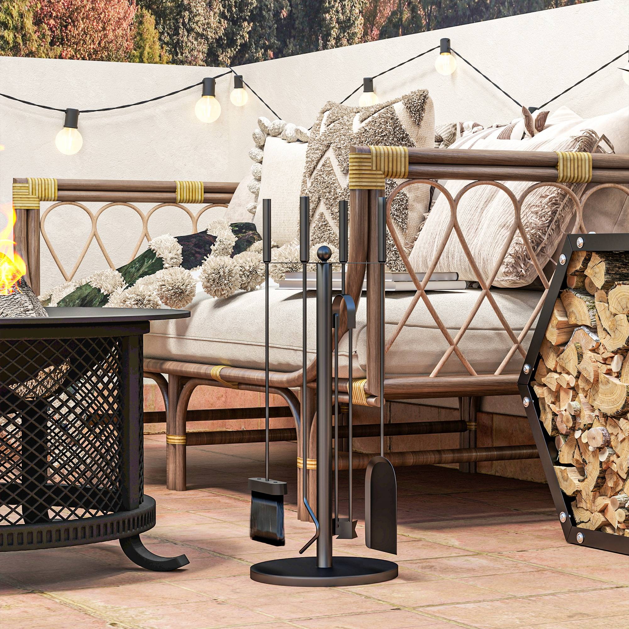 ComfortXL - Serviteur de cheminée 5 pièces en métal noir avec support Ø 25 x 54 cm pour foyer et rangement compact - Image 1