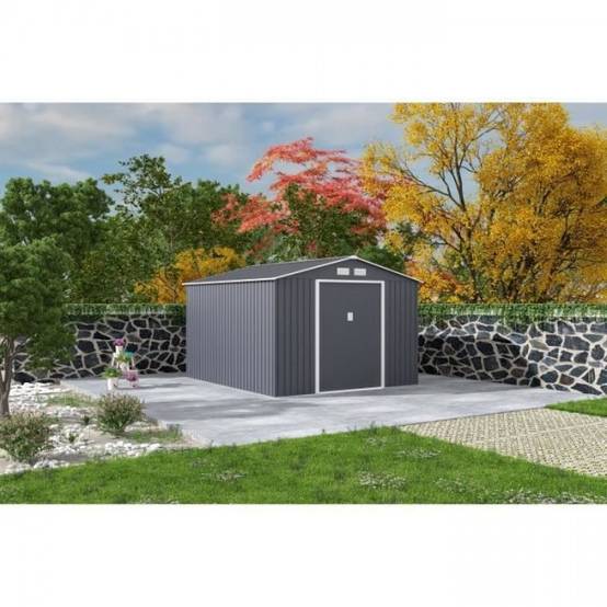 Sans Marque - Abri de jardin en métal 8,84 m² - 277 x 319 x 202 cm - URANUS - Kit d'ancrage inclus, 2 portes coulissantes - Gris - Image 2