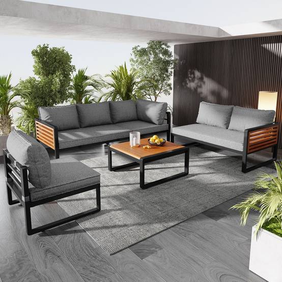 Salon jardin moderne 5-6 places : cadre fer galvanisé, accoudoirs bois, idéal balcon/terrasse - Image 2