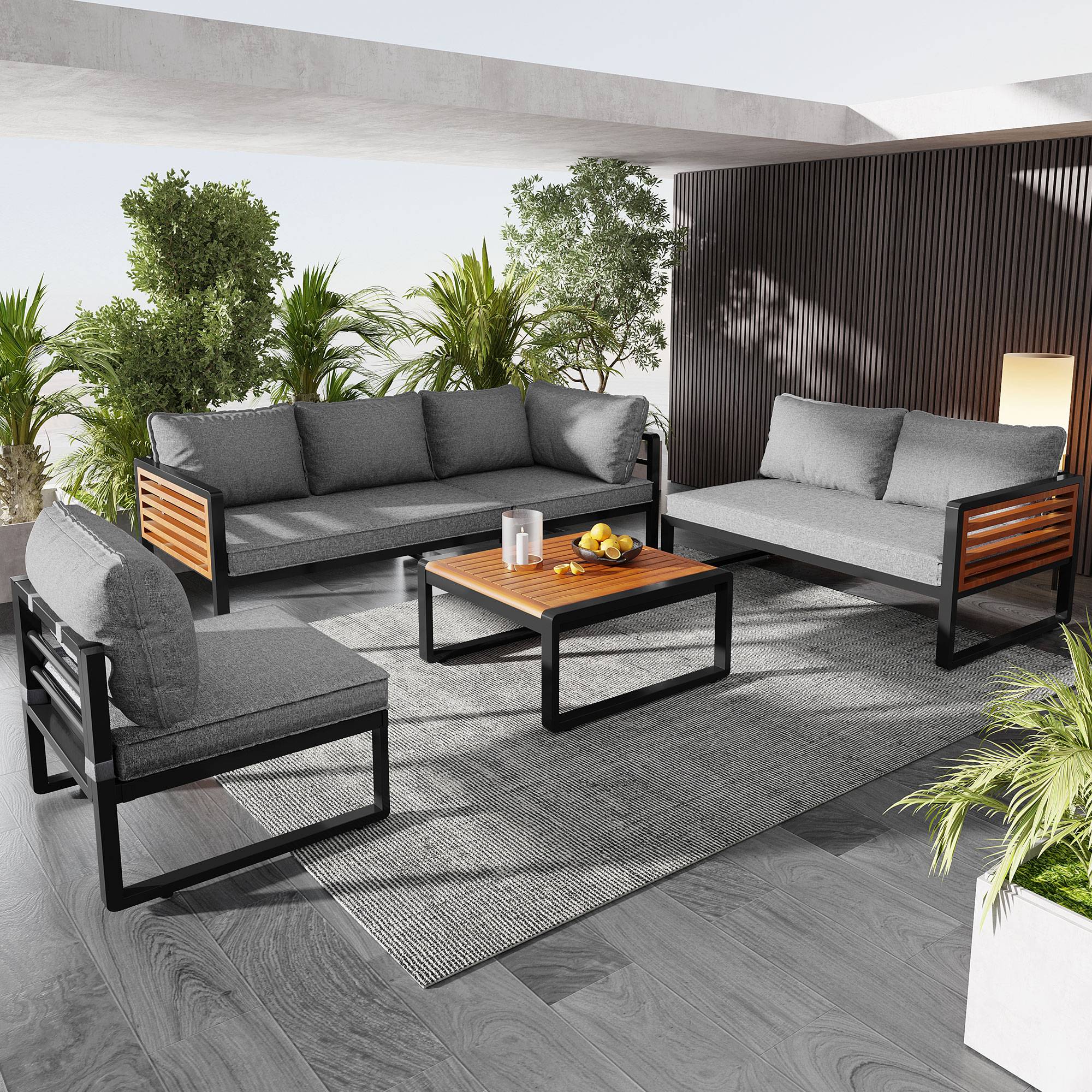Salon jardin moderne 5-6 places : cadre fer galvanisé, accoudoirs bois, idéal balcon/terrasse - Image 2