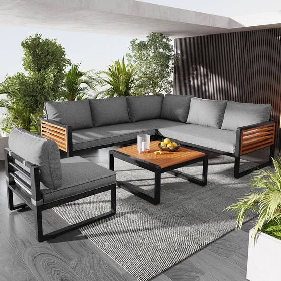 Salon jardin moderne 5-6 places : cadre fer galvanisé, accoudoirs bois, idéal balcon/terrasse - Image 1